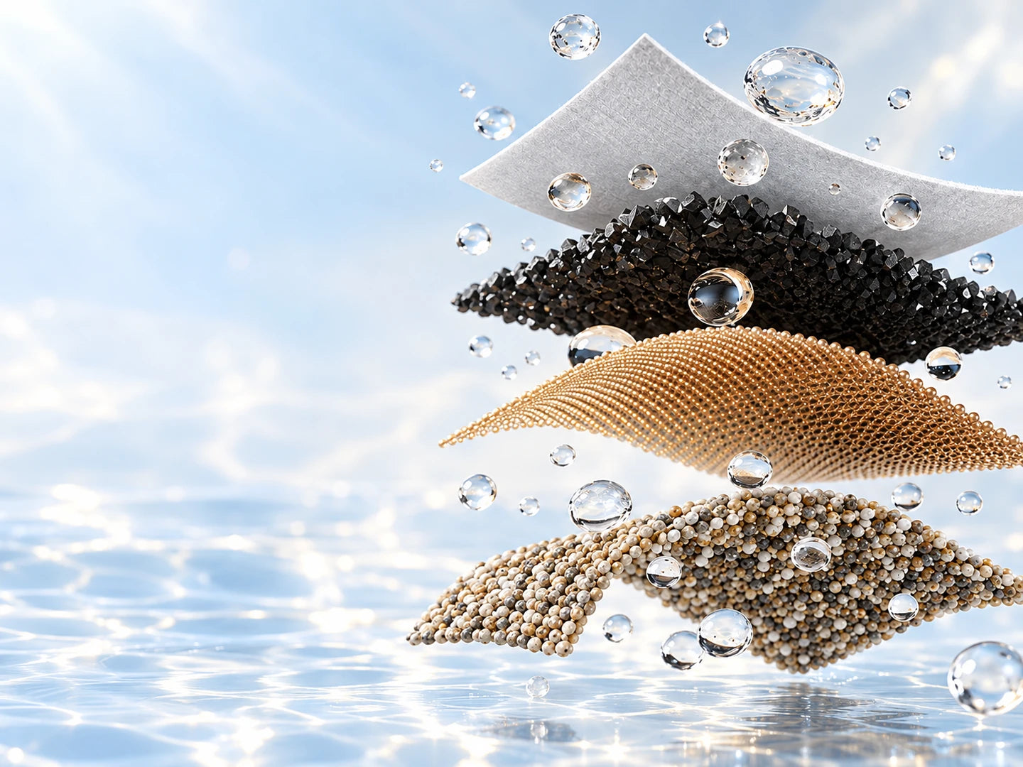 Four floating filtration layers surrounded by clean water droplets