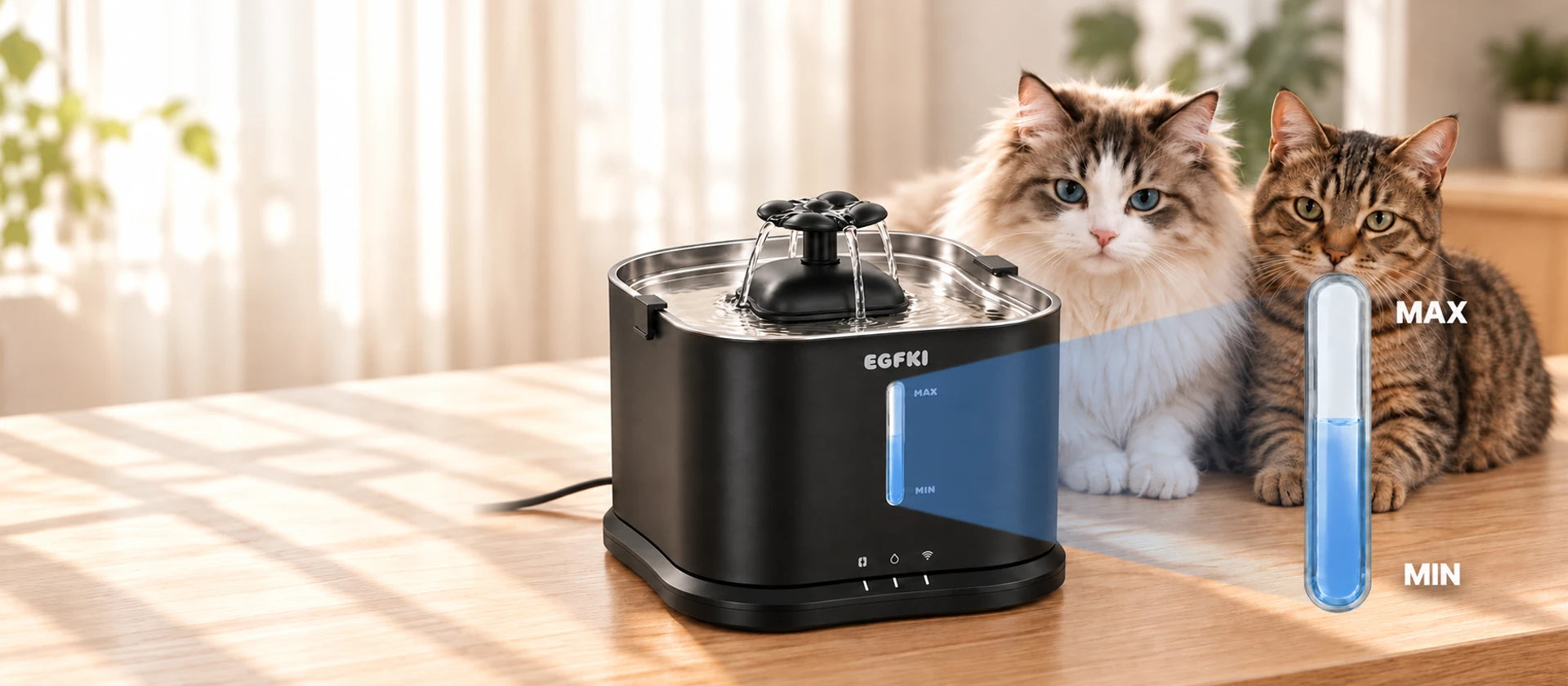 EGFKI water fountain and two cats with a visible blue water-level window
