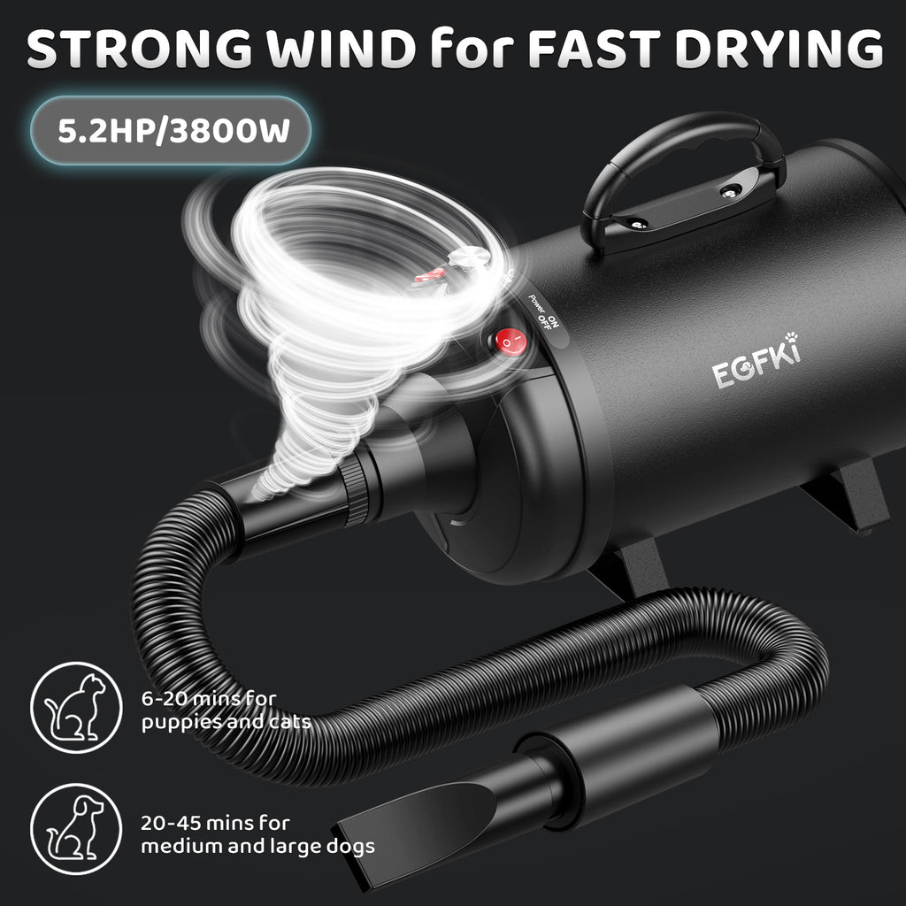 EGFKI Dog Dryer, 5.2HP/ 3800W Pet Grooming High Velocity Force Blower with 4 Nozzles, Adjustable Speed and Temperature Dog Hair Dryers for Grooming