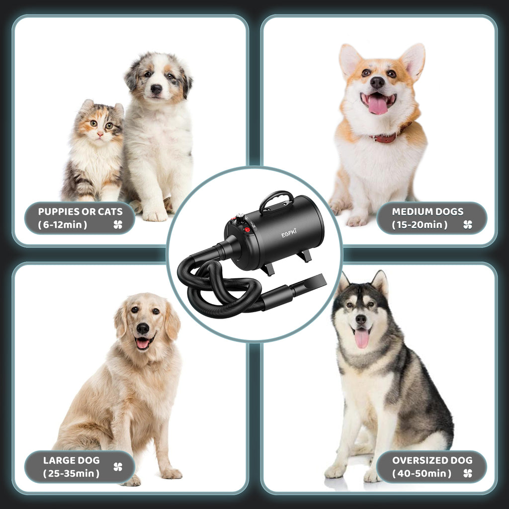 EGFKI Dog Dryer, 5.2HP/ 3800W Pet Grooming High Velocity Force Blower with 4 Nozzles, Adjustable Speed and Temperature Dog Hair Dryers for Grooming