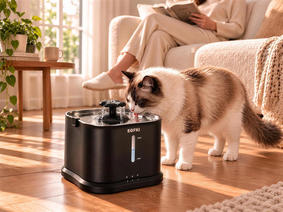 EGFKI smart cat water fountain in a living room