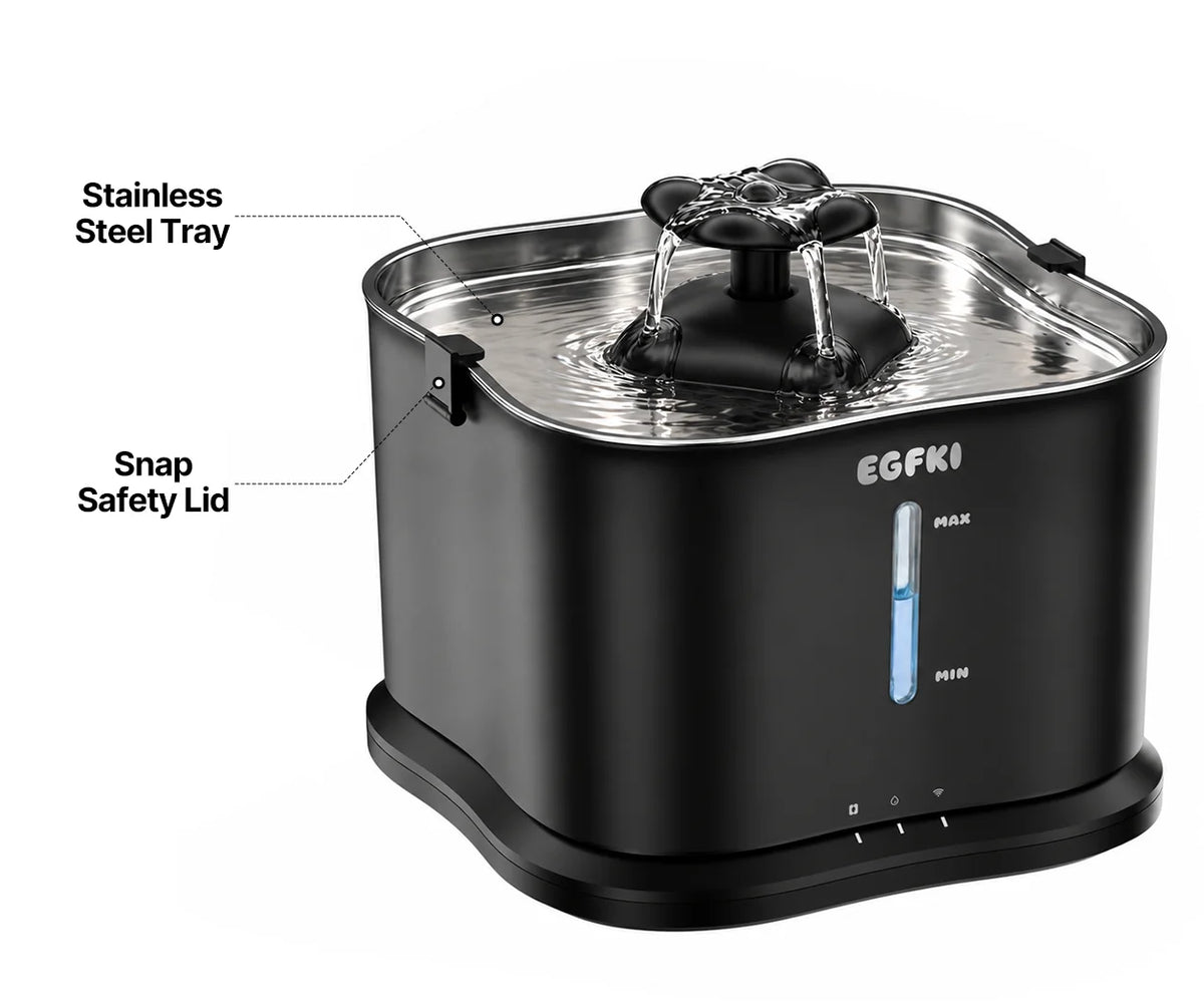 EGFKI cat water fountain with stainless steel tray and secure snap-lock lid