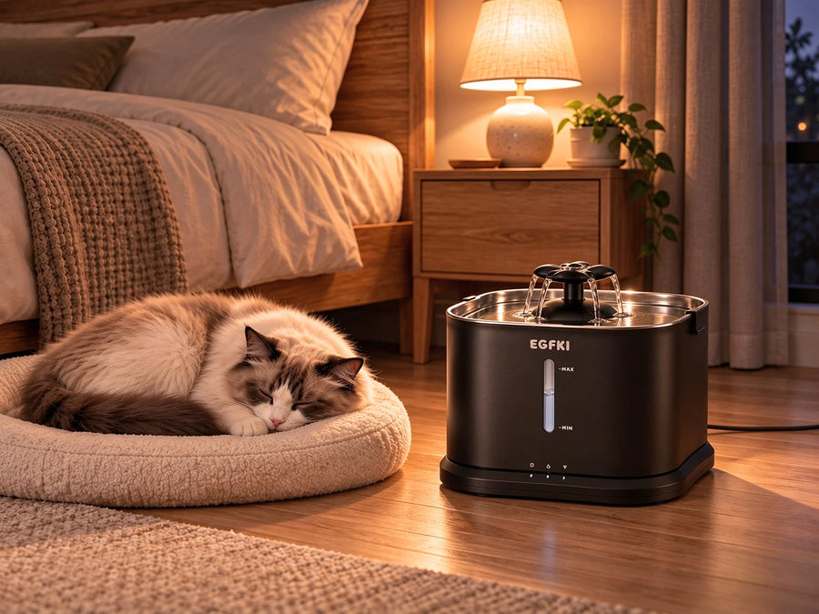 EGFKI smart cat water fountain in a bedroom